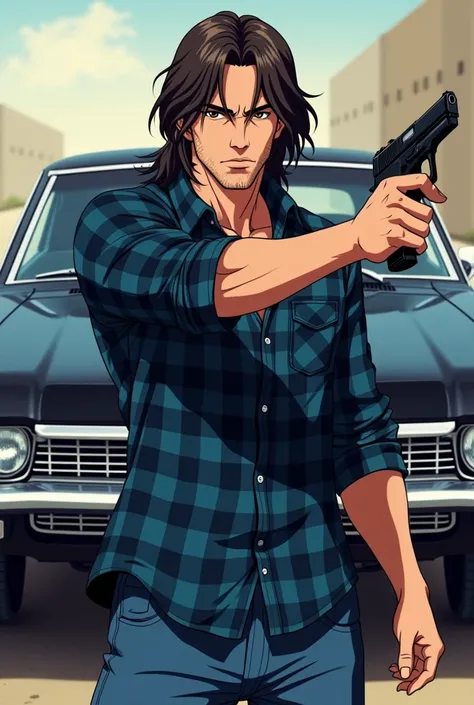 A man he has long willed dark brown hair hazel eyes he is wearing a blue checkered flannel shirt the shirt is buttoned up at the front 
 What is not in his pants he has a gun in his hand behind him is a black car 19 67 Impala he is wearing blue jeans The p...