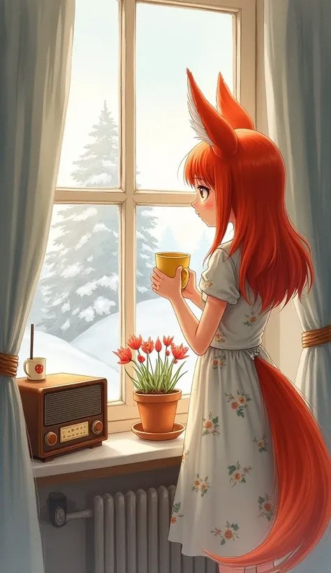  A girl with red hair and fox ears and a tail is standing by the window, holding a cup .  She is wearing a light floral dress .  In the background you can see a snowy landscape outside the window ,  there is a pot of flowers on the windowsill ,  cup and an...