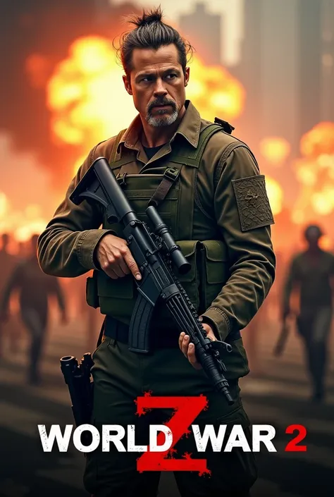  Create posters for the movie World War Z 2 starring by Brad Pitt .
 Central character :  Brad Pitt featured ,  armed with rifles and dressed in military attire .  His serious expression and the context hints at a high-risk situation .
 Background :  A swa...