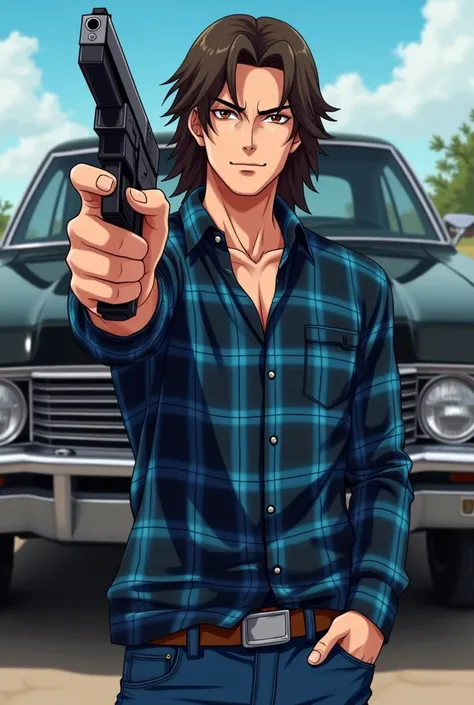 A man he has long willed dark brown hair hazel eyes he is wearing a blue checkered flannel shirt the shirt is buttoned up at the front 
 What is not in his pants he has a gun in his hand behind him is a black car 19 67 Impala he is wearing blue jeans The p...