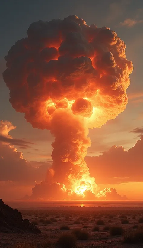 The first atomic explosion at the Trinity test site, a massive mushroom cloud rising into the sky at sunset.