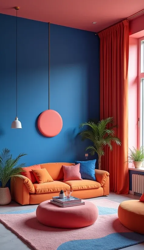 Colorful Harmony: Create an interior design that features bold, contrasting colors, similar to a vibrant blue and coral, to evoke a sense of playfulness and modernity.