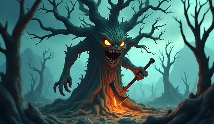 In cinematic 3d cartoon style"A magical demon tree with a human face, its bark twisted and dark. The trees expression is fierce and otherworldly, with glowing eyes and sharp features. In the background, withering, dead trees surround it, their branches dry...