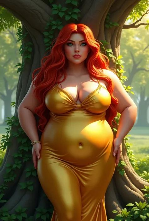 In front of a tree, a tall long red hair, chubby fat stomach and big breast and butt in a golden dress woman
