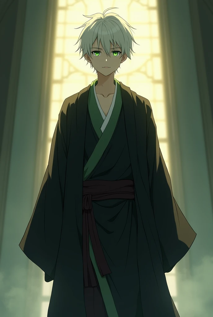   masterpiece fails,  best quality , (anime), ( best illustration ), ( best shadow),  realistic lighting ,  beautiful detailed glow , ((21 years old)),  young guy,  skinny build ,  short white hair,  green eyes , in black robes with open shoulders and hips...