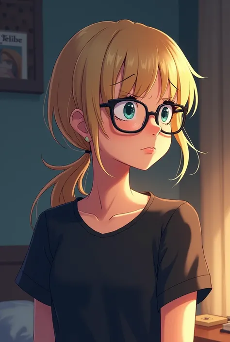 Create an image of a girl of average height, with longish blonde hair tied in a loose low ponytail, with bangs, glasses and blue eyes, wearing a black shirt, who just slept in because her alarm didnt wake her up. Her face shows that she is stressed about t...