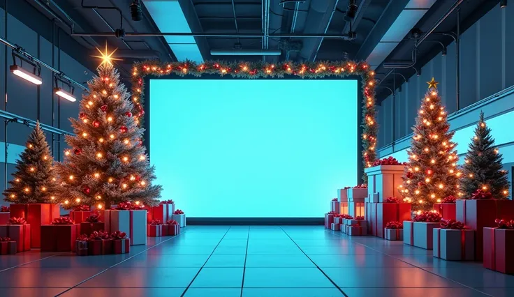 bright realistic , стиль high-tech,  large screen in the center , with Christmas paraphernalia