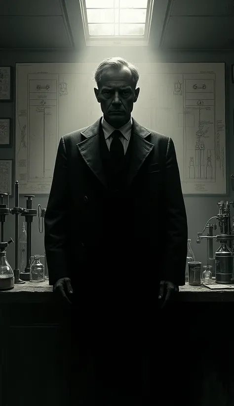 A dark, shadowy figure of Oppenheimer standing in a laboratory, surrounded by scientific equipment and blueprints of the atomic bomb.