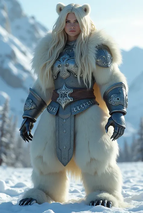 A majestic hybrid creature stands against a backdrop of snow-capped mountains and a clear sky. It combines the features of a Norse warrior and a polar bear, creating a powerful and impressive figure. The creature’s head has feminine human features, with lo...