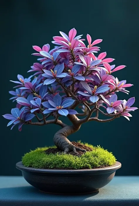 Hi quality photo Dwarf tree with purplish blue leaves with small yellow-red flowers in bonsai pot with moss