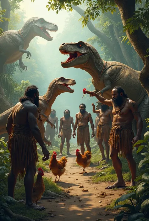 Black people with ape clothes, in the dinosaur period killing chickens, eating the chicken, happy