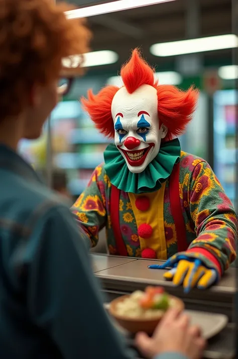 Create a realistic macro photo image of a clown with colorful makeup and colorful clothes answering at a supermarket cashier he looks at the person who sees the image the setting is a supermarket cashier 