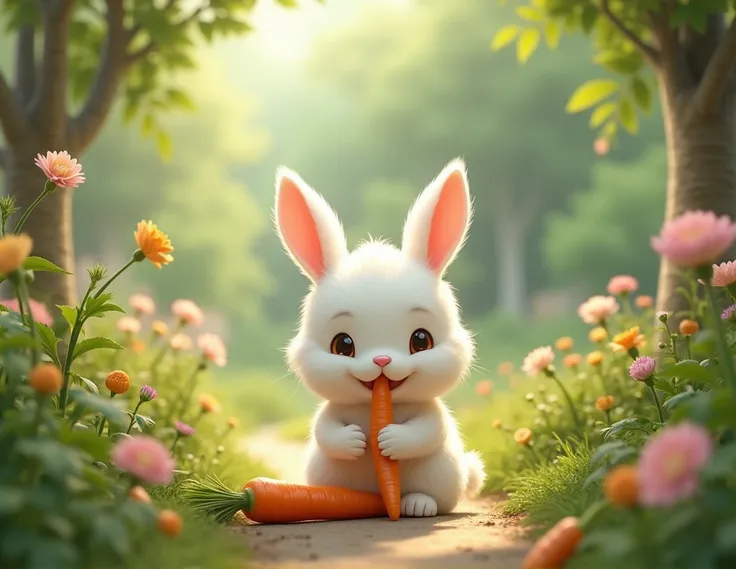 A little white rabbit is eating carrots in the garden.