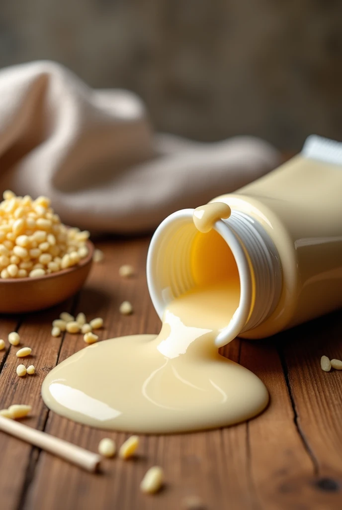 focus:  Close-up of a broken tube ,  The filling of viscous condensed milk flows out with an appetizing shine .
background:  Rustic wooden table ,  soft lighting, } slightly defocused background with a cloth .
details:  Straw crumbs on the table ,  next to...