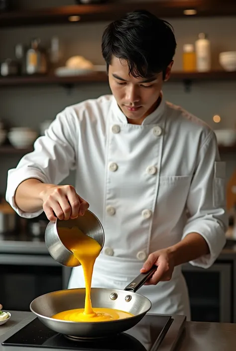 A 20 year old Japanese mans hand, wearing a white chefs uniform with sleeves,Pour the beaten eggs from a stainless steel bowl into the hot pan,Chefs cart background,Very realistic, finest details, very natural, cinematic 