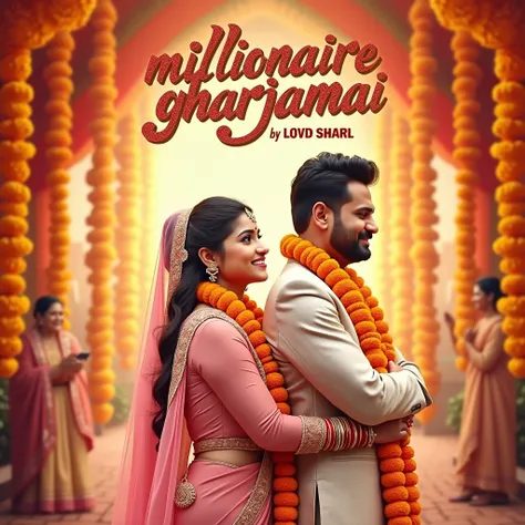 A funny and light-hearted ultra-realistic Indian wedding movie poster in a 1:1 ratio. The focus is on Ishika and Kinshuk, with Ishika wearing indian attire light pink lehnga and pink dupatta and Kinshuk in a pastel-colored wedding suit. Both characters are...