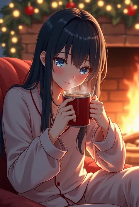  White-skinned anime-style man with long loose jet-black hair and blue eyes just like Seiya Kou from the anime Sailor Moon wearing sexy Christmas pajamas sitting by the fireplace drinking hot chocolate 
and smiling sweetly, 
Full Christmas background 