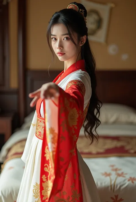 Masterpiece High Quality Photo Masterpiece High Resolution Realistic Photorealistic Sexy Pose Portrait Realistic Photography. An Asian woman dressed in a contemporary designed Chinese Hanfu costume looks stunning with golden yellow patterns. It consists of...