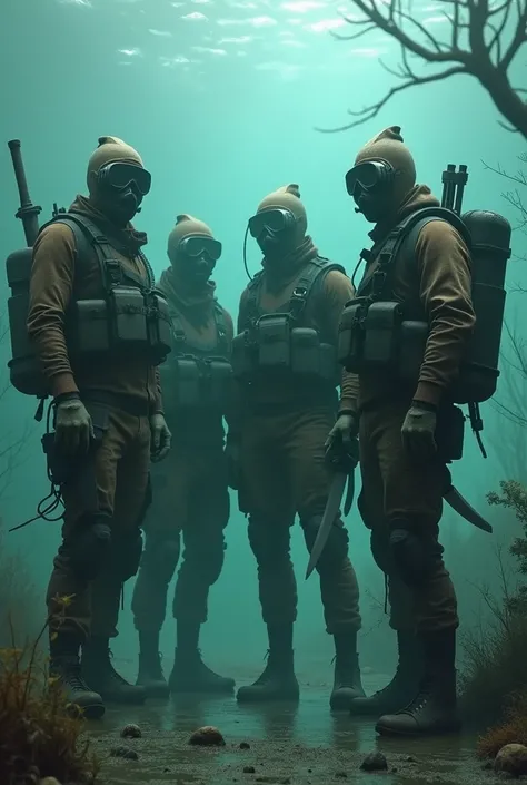  team of 5 ,  aquatic infiltration with snorkel and goggles only,  using weapons such as knives , bows and clubs ,  obsolete equipment ,  post-apocalyptic aesthetic . Give less specialized equipment, common clothes