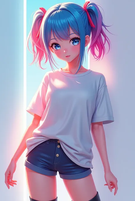 1girl, UHD, High Details, Short Hair, Bangs, Twintails, Blue Hair, Pink Hair, Red Hair, Full body, wearing t-shirt and shorts, high knee boots, Blue eyes, Lens Flare, C4D, 