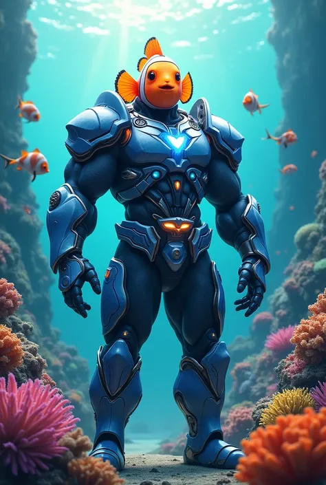 /imagine prompt: A heroic anthropomorphic clownfish with a muscular, bodybuilder physique, standing proudly on a coral reef illuminated by sunlight filtering through the ocean surface. The clownfish wears sleek, futuristic blue and silver armor, with glowi...