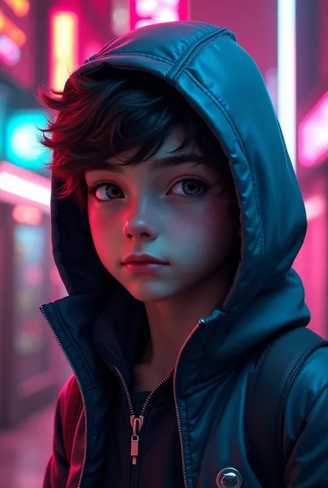 a handsome boy, cyberpunk style, hood, neon lights, high-tech clothing, fluffy normal face