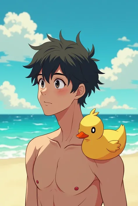  HIGH QUALITY, 8K ultra HD,  A beautiful double exposure that combines a young man with black tea,  thick build accompanied by psyduck on the beach  , having fun together as friends , in an animated style, anime type