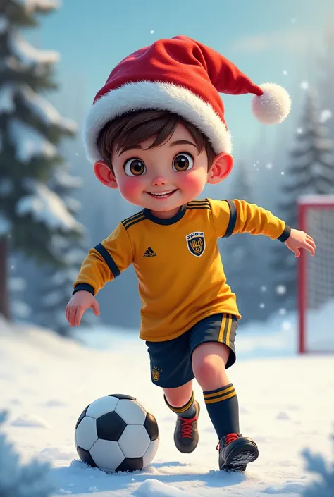 Soccer boy in gold and black uniform with Christmas hat