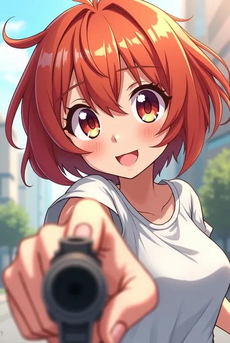 An anime manga girl is holding out her hand and making her fingers look like a gun