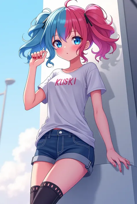 1girl, UHD, High Details, Short Hair, Bangs, Twintails, Blue Hair, Pink Hair, Red Hair, Full body, wearing t-shirt and shorts, high knee boots, Blue eyes, Lens Flare, anime,