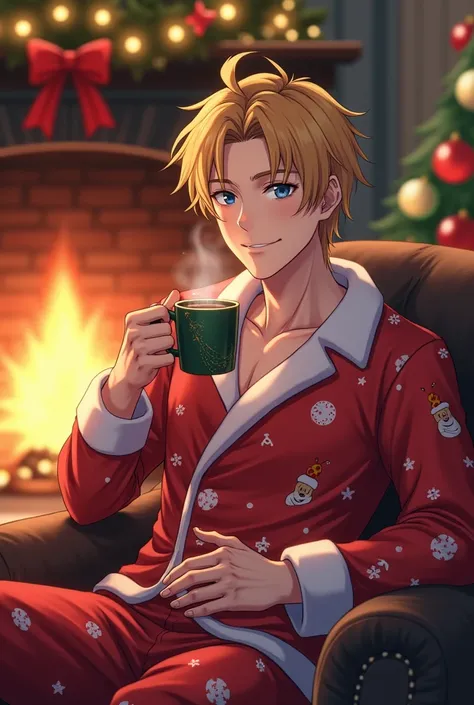 Male anime-style man, approximately 30 years old, with white skin, short golden yellow hair and blue eyes, just like General Jadeite from the anime Sailor Moon, wearing sexy Christmas pajamas sitting by the fireplace drinking hot chocolate. 
and smiling sw...