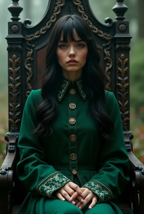 A dark hair woman with bangs and doe down turn eyes sitting on a throne with her Slytherin uniform