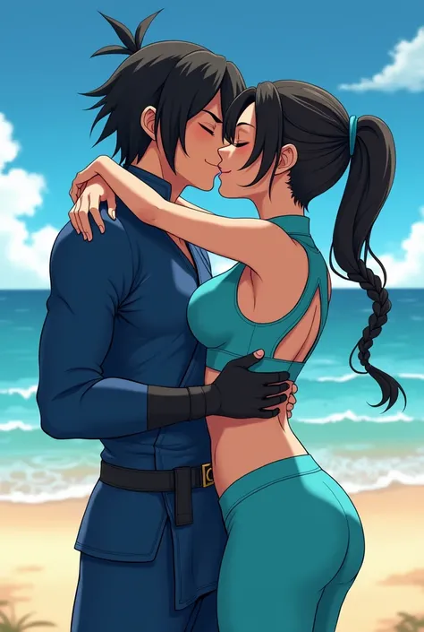  Make me a picture of the female black-haired ninja Nya wearing a cropped slim athletic turquoise ninja suit ,  with which her abdominal muscles and belly button are also very clearly visible .  In addition, the upper part of her back is Sometimes absolute...