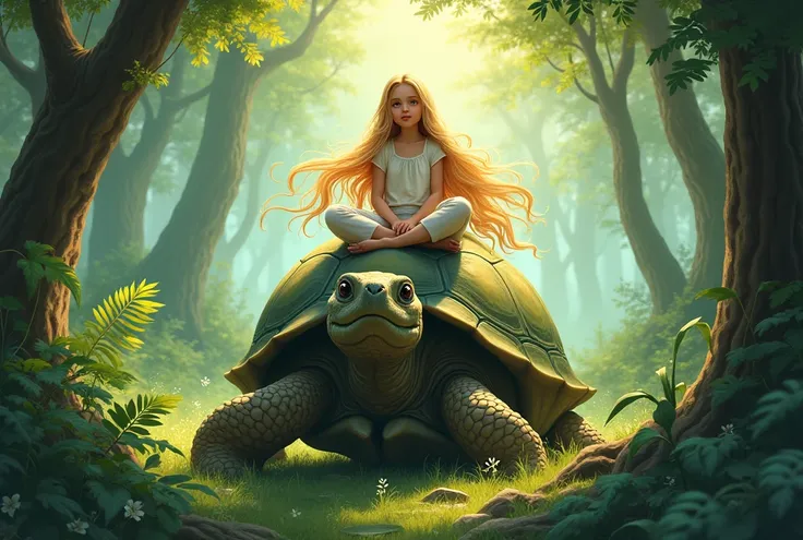 A beautiful young Arab girl, blonde with long hair around 10 meters, sitting on a big turtle, in a forest, illustrations 