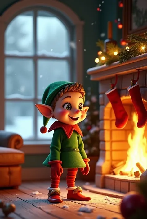 Christmas elf with a fireplace on the left that is in front of a window while its snowing 