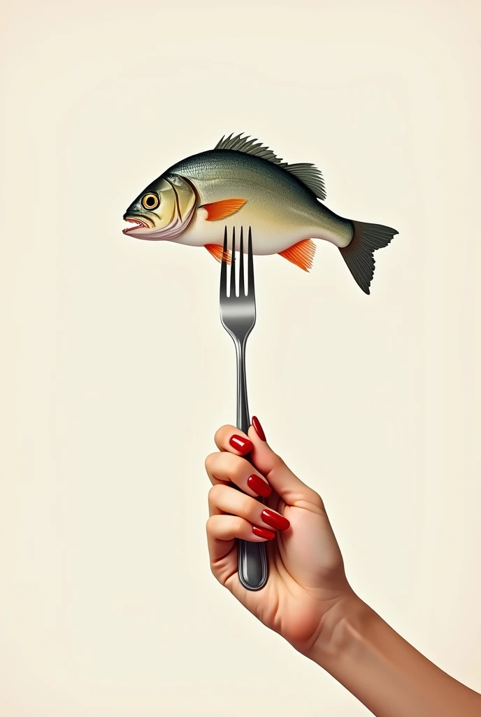  Cookbook illustration, fish on a fork ,  held by a womans hand 