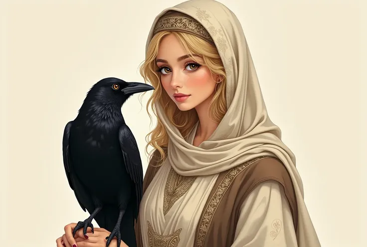 A beautiful young Arab girl, a blonde wearing Arabic clothes, posing with a black crow, illustrations 