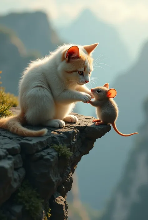  REALISTIC IMAGE, Cat holding the cuddly mouses hands so as not to fall off the precipice
