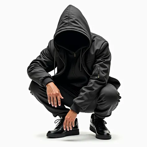 One Guy wear a streetwear jacket with hood on hiding his face、(Super Detail)、(8K)、((Hip Hop Fashion))(Detailed feet)、(Detailed hand)、(crouching down) hyper zoomed on sneakers, the guy wear a streetwear jacket with hood on hiding his face , no background , ...