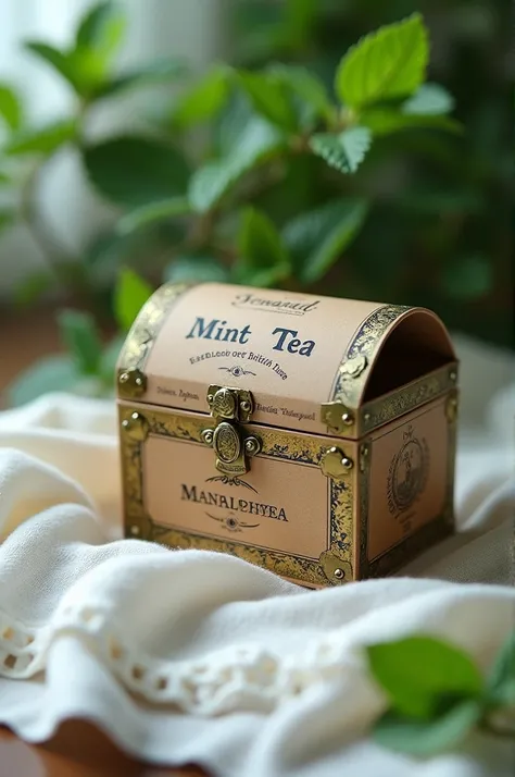  A picture in which is a cardboard box the size of a tea box with the appearance of a treasure chest ,write on it mint tea  ,adaugă numele societății de MonarchTea și sloganul Essence of British taste cu un font de text mai frumos , in the back to be some ...