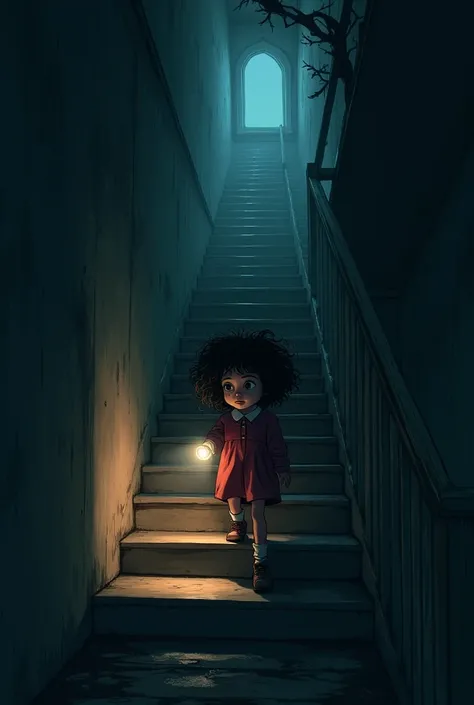 The sound seemed to be coming from the attic. Armed with a flashlight, she climbed the narrow staircase. The air grew colder with every step, her breath visible in the beam of her flashlight. Animation character a girl with curly hair 