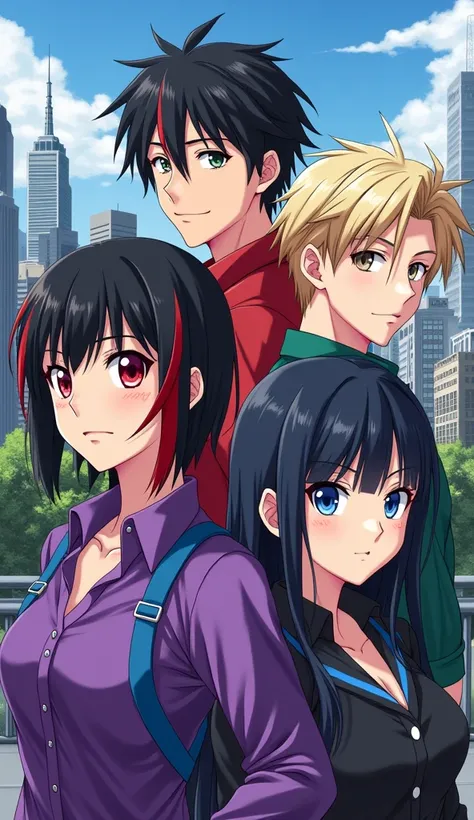 You can make several anime-style images of four people , two boys and two girls,  a young woman with short black hair and red spots , light skin y una pequeña cicatriz en el ojo derecho, Deep red eyes,  dressed in a purple shirt and blue straps ,  the othe...