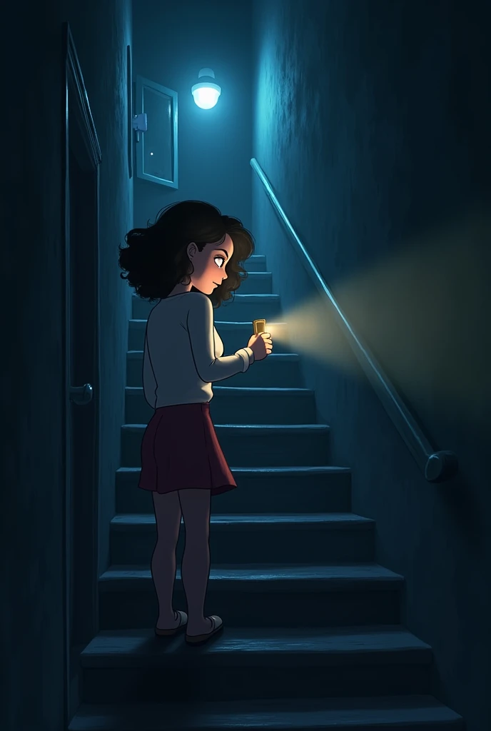 The sound seemed to be coming from the attic. Armed with a flashlight, she climbed the narrow staircase. The air grew colder with every step, her breath visible in the beam of her flashlight. Animation character a woman with curly hair 