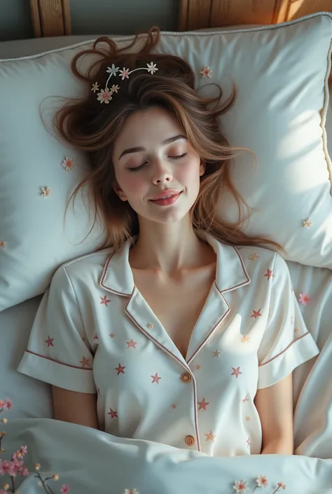 Beautiful young Caucasian woman, light brown hair, sleeping on a pillow. Her facial expression shows that she is dreaming of happiness. She wears a star-studded pajamas. Long size bed, in a cloud garden, with white pillows, comfortable in bed at home, top ...