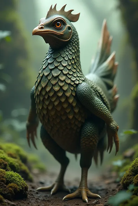 Reptilian chicken that looks like a chicken but with reptilian features 