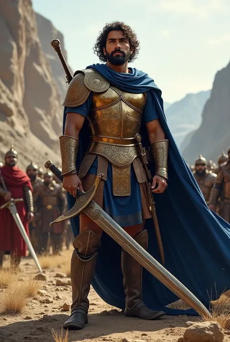 A heroic Persian warrior with broad shoulders, a square jaw, and a steady gaze filled with resolve. He has curly, shoulder-length hair tied back, and his armor is more practical than ornate, made of polished bronze plates over a leather tunic. A long cape ...