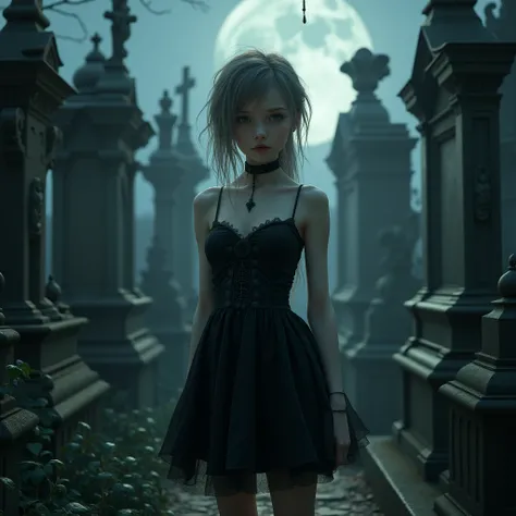 Charming pale Polish teenage girl wearing short strapless black gothic dress stands on a graveyard at night