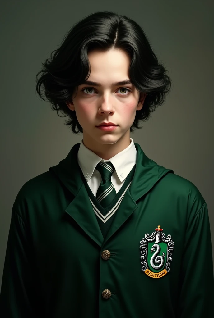 A dark hair man with neat side curls and sharp features with his Slytherin uniform, his name is Tom Riddle 