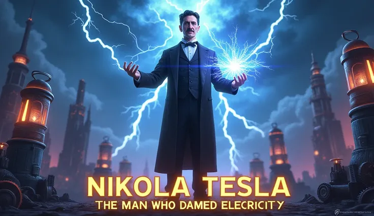 Un Nikola Tesla majestueux, debout au centre de limage, entouré dune ambiance électrique et futuriste. Tesla est représenté avec une posture imposante, tenant une sphère dénergie lumineuse dans une main et une bobine Tesla dans lautre, doù jaillissent des ...