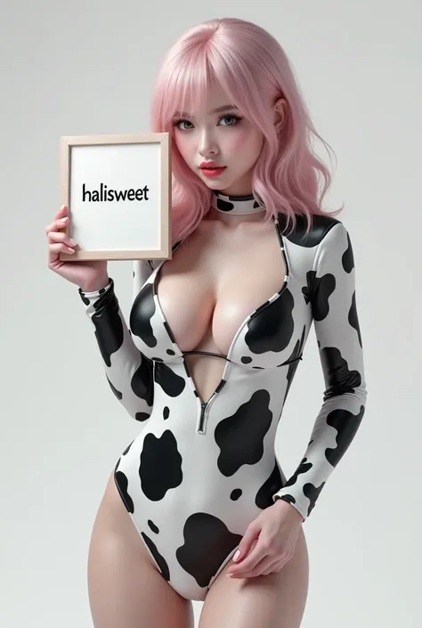 Not real face, Asian face, Gal, white shiny skin, clear skin, busty big boobs, pale pink hair, showing nipples, black and white cow costume, touching own breast, wet, Holding a whiteboard stating "HaLisWeet"